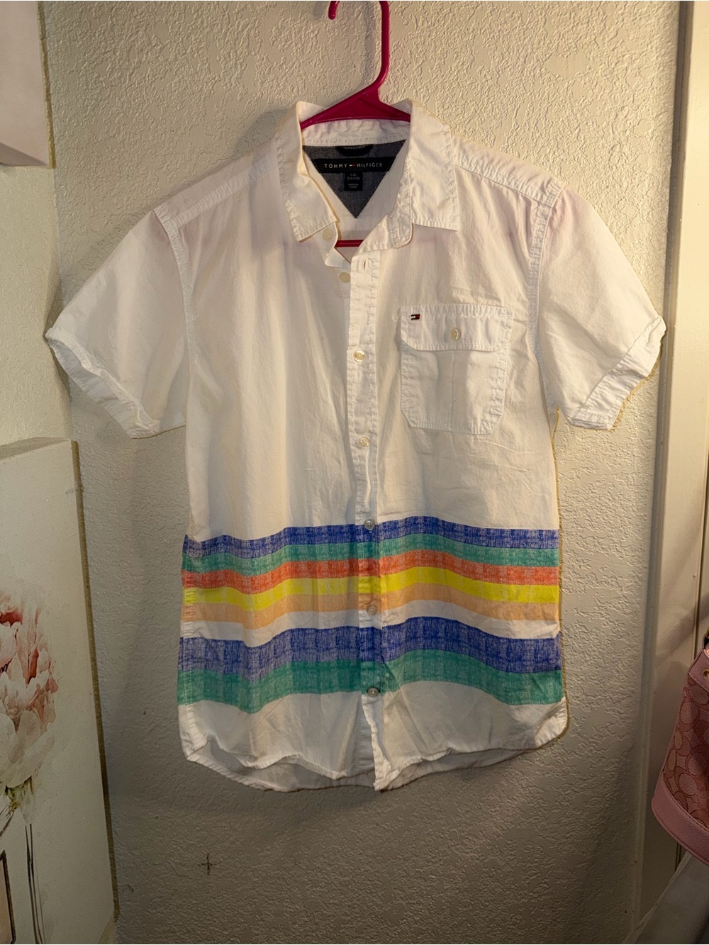 Tommy Hilfiger Men’s White Short-Sleeve Button-Down Shirt with Rainbow Stripes